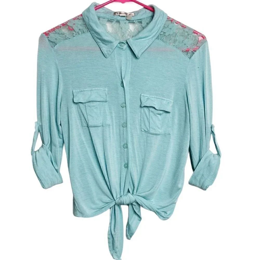 Teenbell front tie button down 3/4 sleeve top Tiffany blue Size Small